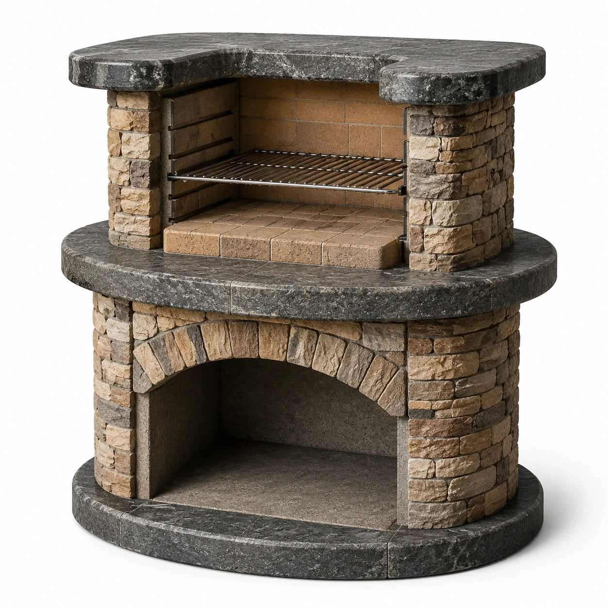 Grillkamin aus Naturstein mit Edelstahlrost, Grau/Beige