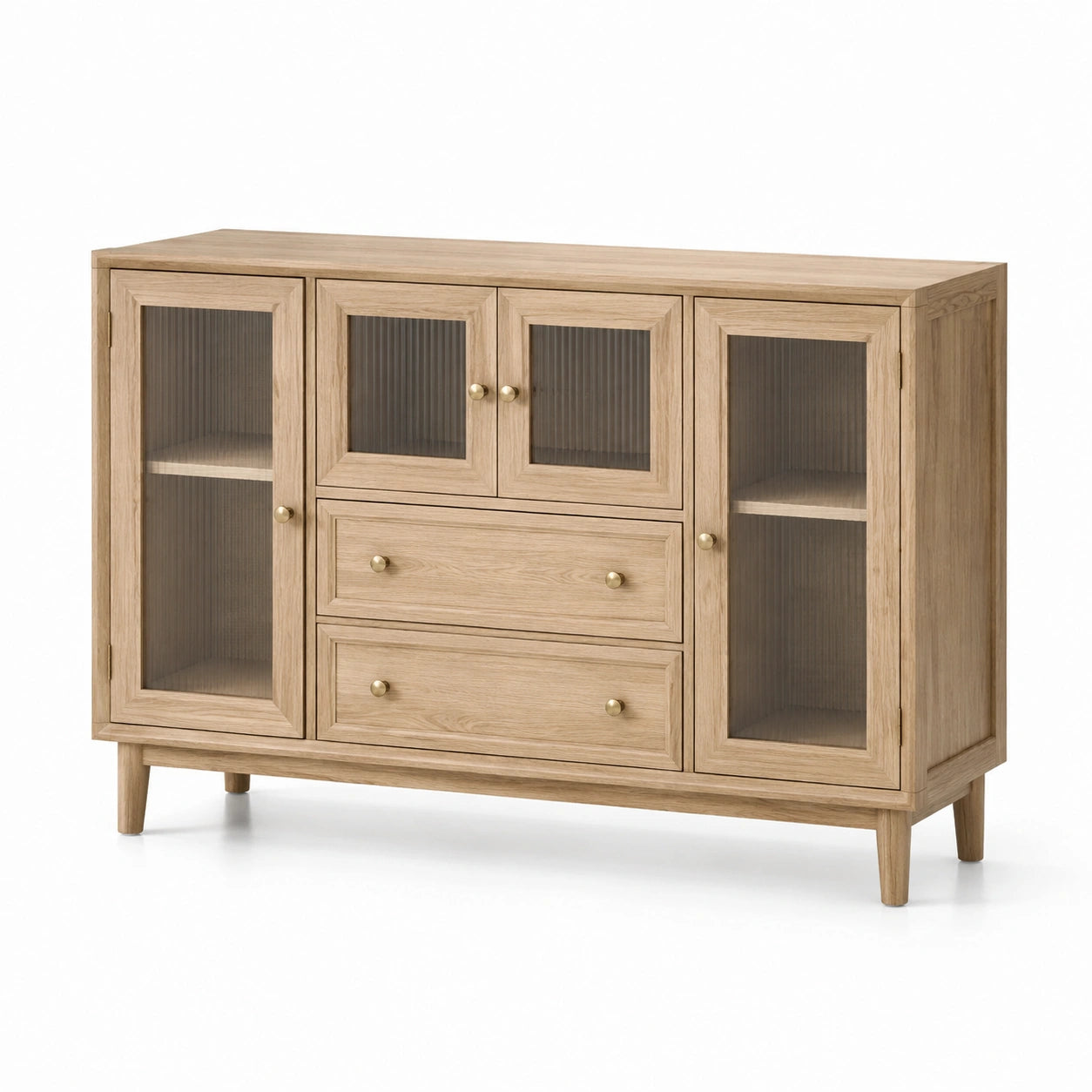 Sideboard aus Eichenholz mit geriffelten Glastüren und Schubladen 140x85x35 cm Natur