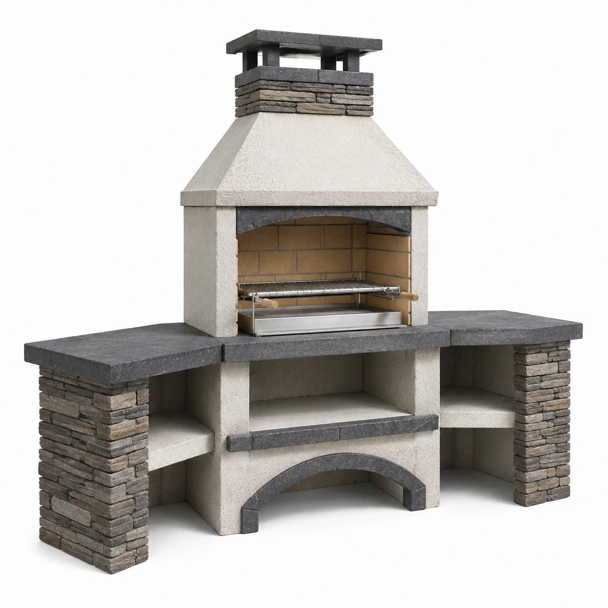 Grillkamin aus Beton und Naturstein mit Grillrost und Ablagen Grau 200x65x210 cm