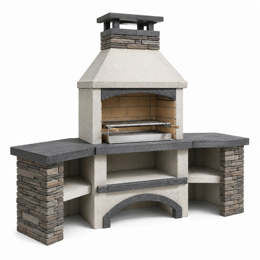 Grillkamin aus Beton und Naturstein mit Grillrost und Ablagen Grau 200x65x210 cm
