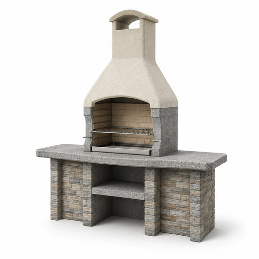 Naturstein Grillkamin mit Edelstahlrost und Stauraum, 200 cm x 80 cm x 180 cm, grau/beige