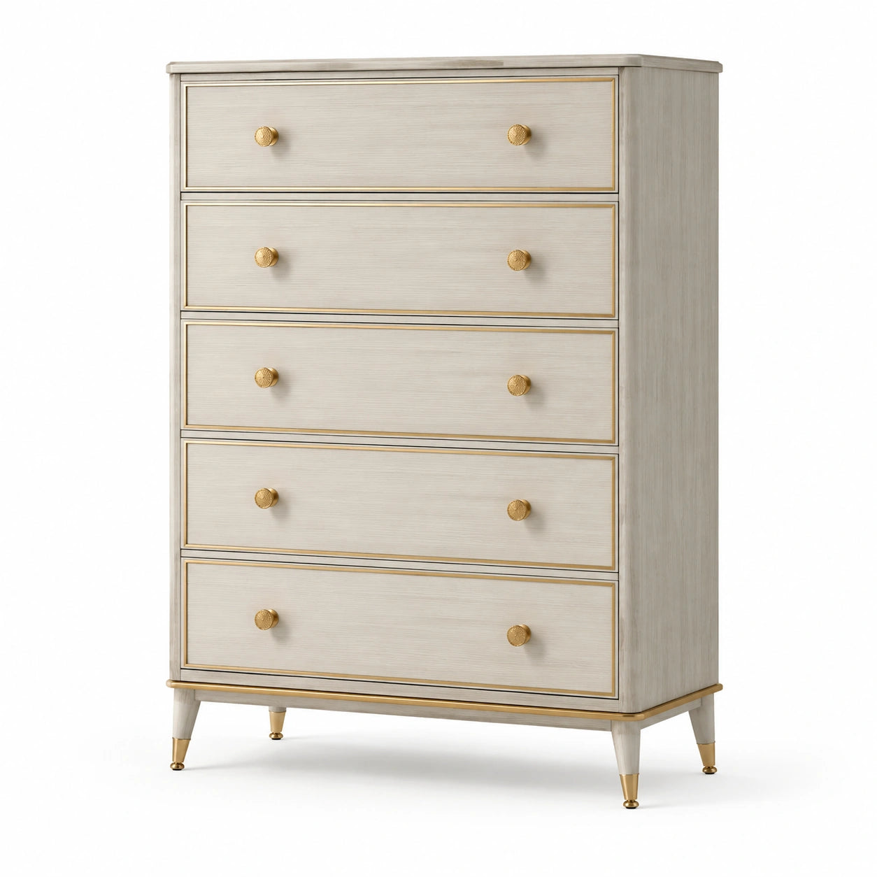 Beige Holzschubladenschrank mit 5 Schubladen und Metallgriffen