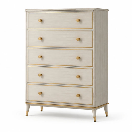 Beige Holzschubladenschrank mit 5 Schubladen und Metallgriffen