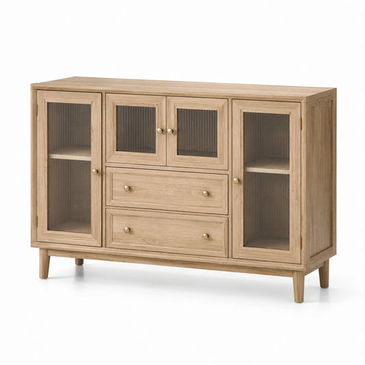 Sideboard aus Eichenholz mit geriffelten Glastüren und Schubladen 140x85x35 cm Natur