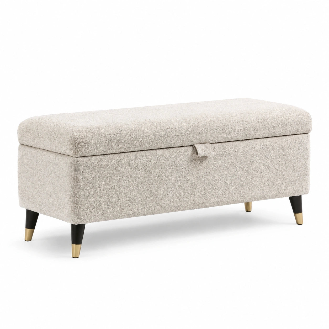 Bouclé Aufbewahrungsbank mit Holz- und Metallbeinen, Creme