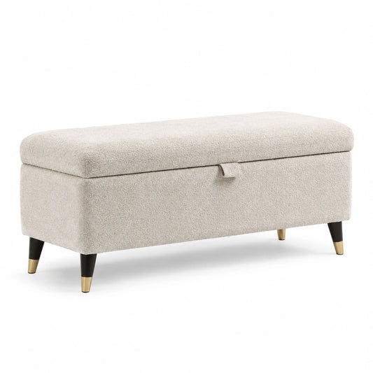 Bouclé Aufbewahrungsbank mit Holz- und Metallbeinen, Creme