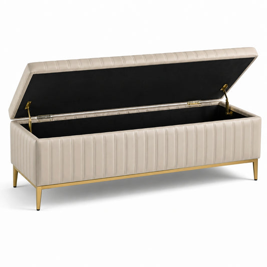 Sitzbank mit Stauraum aus Kunstleder in Beige und Metallbeine