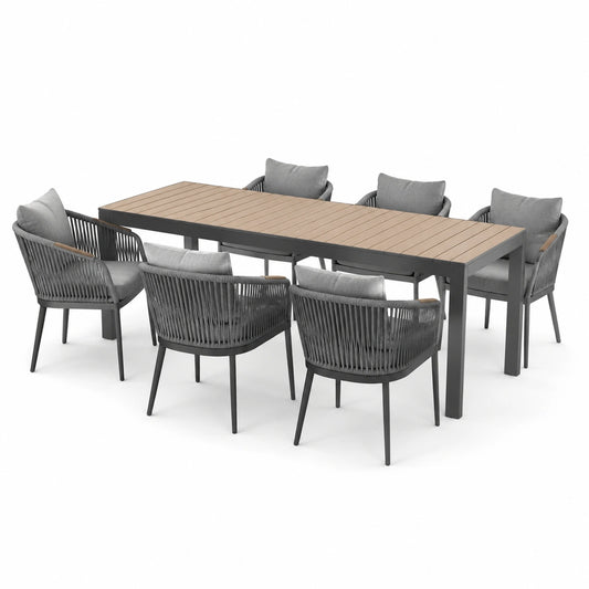 Garten-Essgruppe aus Aluminium mit Polywood Tisch und 6 Stühlen in Grau