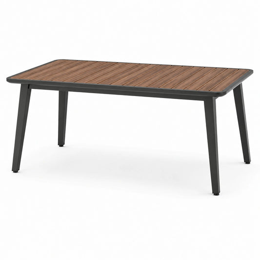 Gartentisch aus Aluminium mit Tischplatte aus Kunststoff in Holzoptik 150x90x75 cm Braun/Schwarz